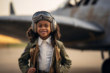 A close-up of an 8-year-old African girl wearing a pilot costume, radiating youthful enthusiasm and imagination