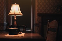 lamp on a desk at night 
