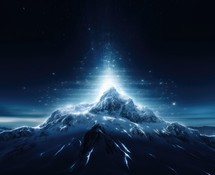Shiny mountain landscape with blue sky and stars.