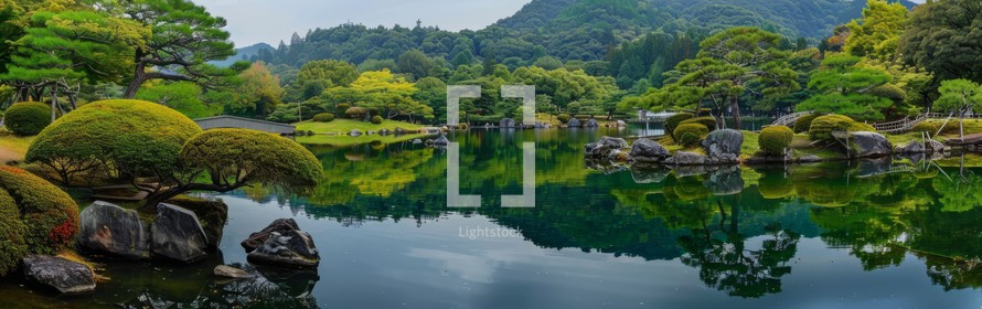 A pond is nestled among a collection of trees and rocks, creating a serene natural setting. The water reflects the surrounding greenery, while the rocks add texture to the landscape.