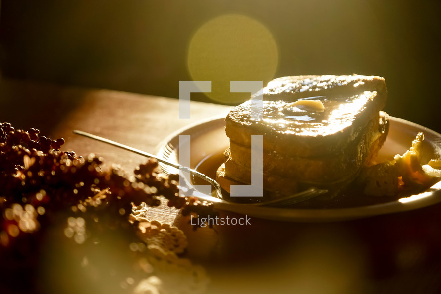 french toast on a plate in warm sunlight 