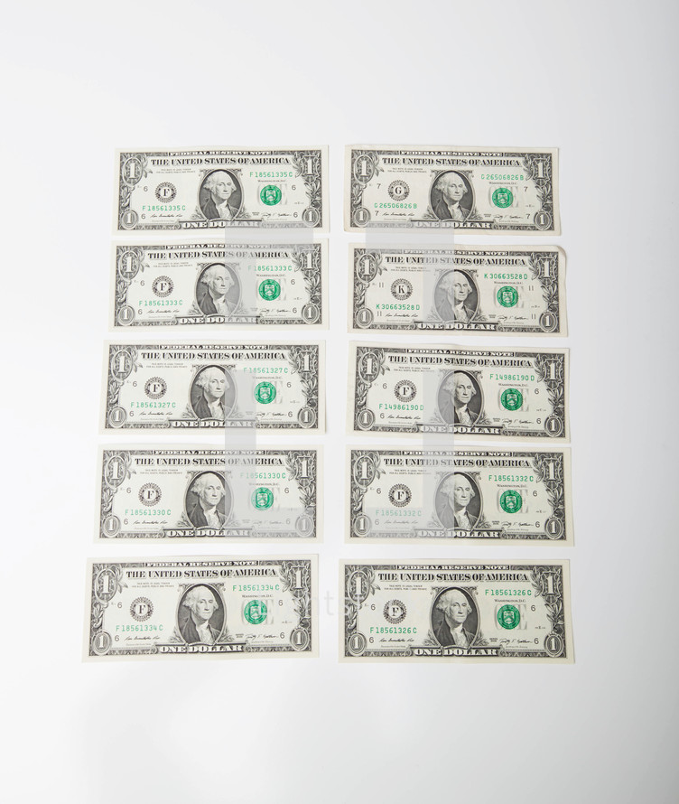Series of ten one dollar bills.