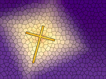 Illustration of a golden cross on a purple background with stained glass effect.