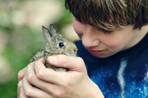 Boy holding a baby bunny.