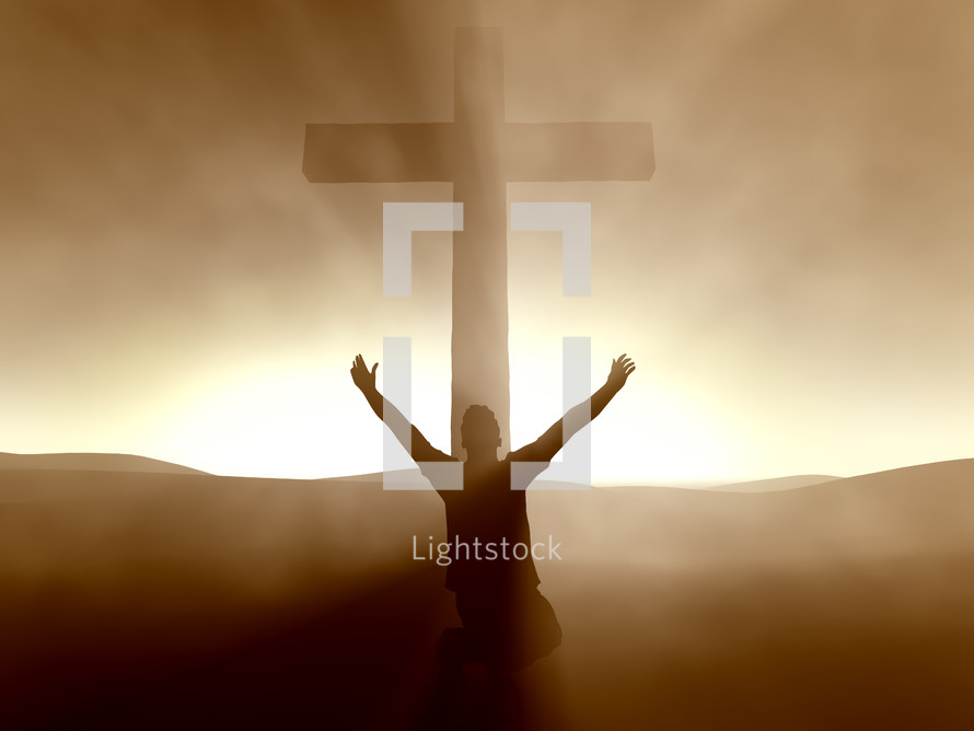 Silhouette of a man kneeling with arms raised at the cross at dusk.