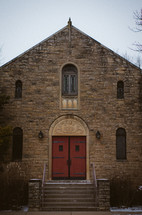 A church with red doors 