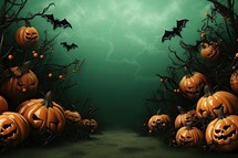Halloween background with pumpkins and bats. 3D illustration.