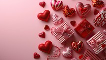 Valentine's day background with red hearts and gift boxes on pink