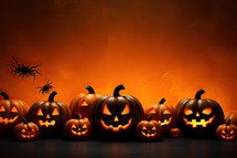 Halloween pumpkins with scary faces on fire background. Vector illustration.