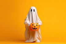 Halloween ghost with pumpkin on yellow background. 3d illustration.