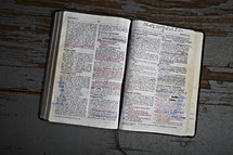 The open pages of the Bible - markings, underlines and highlights 