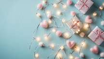 Valentine's day background with gift boxes, lights and hearts on pastel blue background