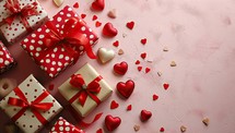 Valentine's day background with gift boxes and hearts on pink background