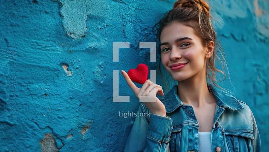  Woman Holding Red Heart Against Blue Wall
