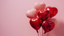 Red and white heart-shaped balloons on a pink background. Valentine's Day