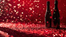 bottle of champagne on a red background with bokeh lights