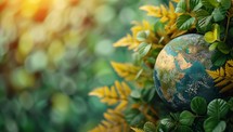 Earth globe surrounded by lush green foliage, representing nature, environment, and sustainability