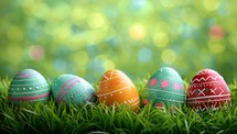 Colorful Easter eggs decorated with patterns on green grass. Spring holiday celebration concept.