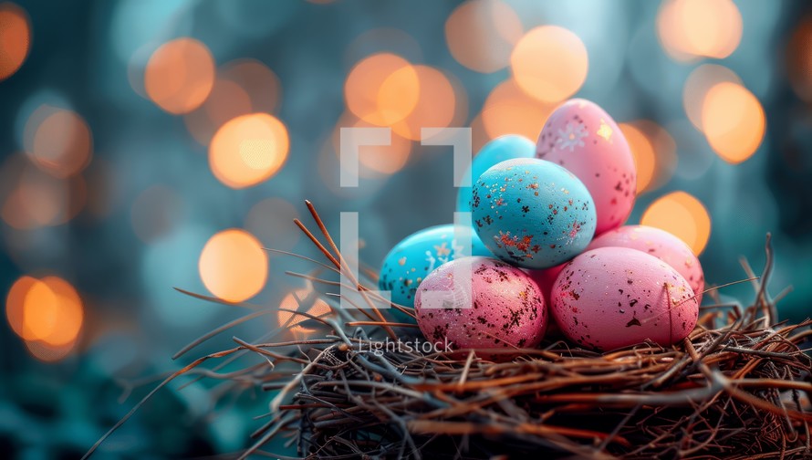 Colorful Easter eggs nestled in twig nest with bokeh lights background. Spring holiday celebration concept.