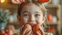 Little girl with bunny ears holding Easter eggs