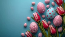 Colorful easter eggs and tulips on blue background with copy space