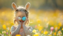Cute little girl wearing bunny ears playing with Easter eggs in spring meadow