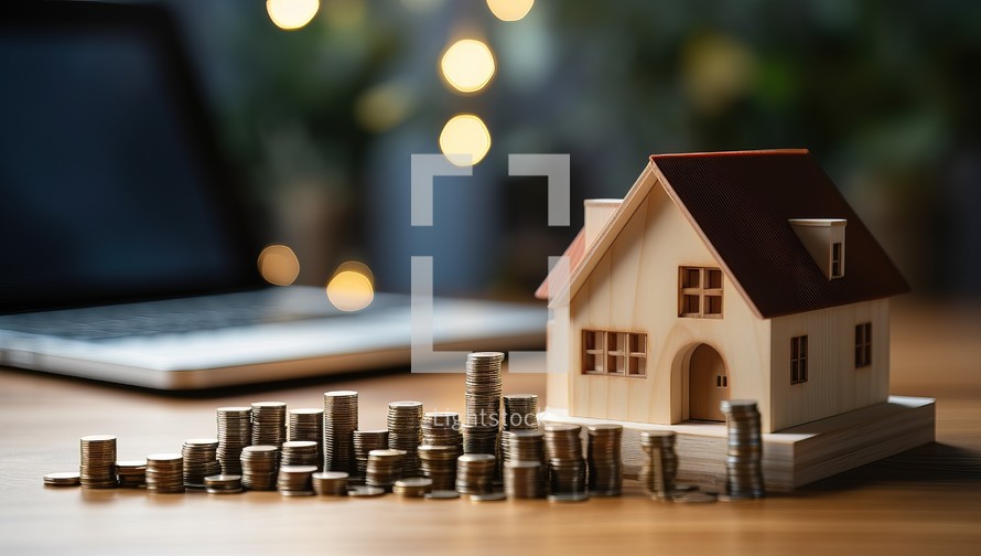 House model and coins on wooden table with blurred bokeh background