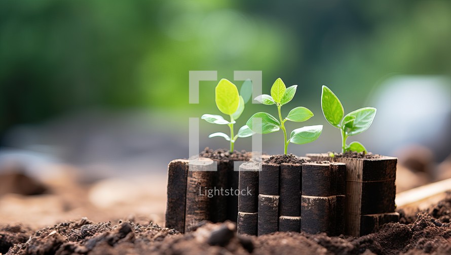 Young seedling growing on fertile soil with blurred background