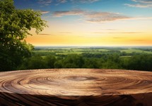 Empty wooden table against view of misty landscape at sunset. Ready for product display montage