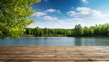 Wooden floor on the background of the lake and the forest.