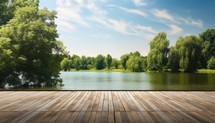 Wooden deck with lake and forest in background