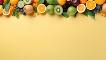 Fruits and berries on yellow background, flat lay. Space for text