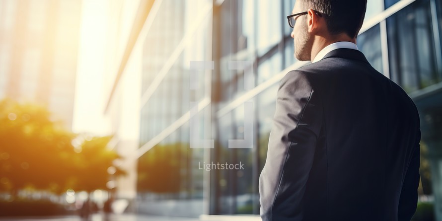 young businessman standing in front of modern office building.