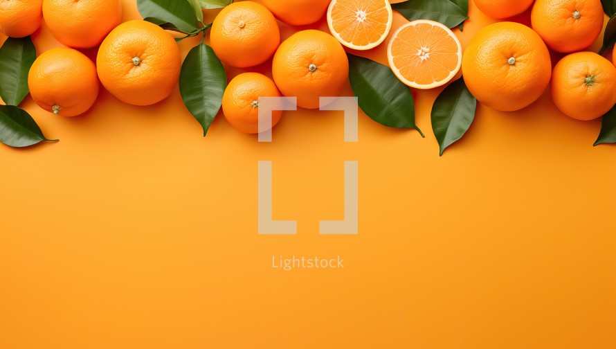 Oranges with leaves on orange background. Flat lay, top view