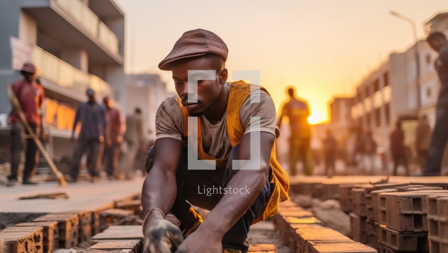 construction worker laying paving slabs on a construction site at sunset
