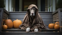 Dog in a hood on the porch of a house with pumpkins