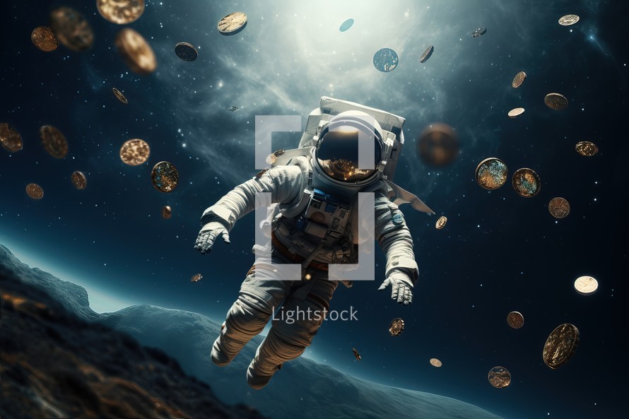 Astronaut floating on the surface of the planet with coins