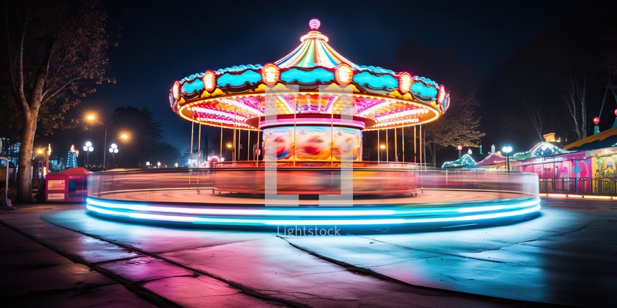 Merry-go-round at night with motion blur effect.