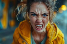 Close up Portrait of Angry Young Woman with Blue Eyes, Yelling with Frustration and Rage