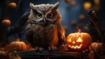 Halloween owl with pumpkins on dark background, halloween concept