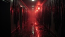 Dark corridor with red lights and fog. Horror Halloween concept.