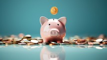 Piggy bank and coins on blue background.