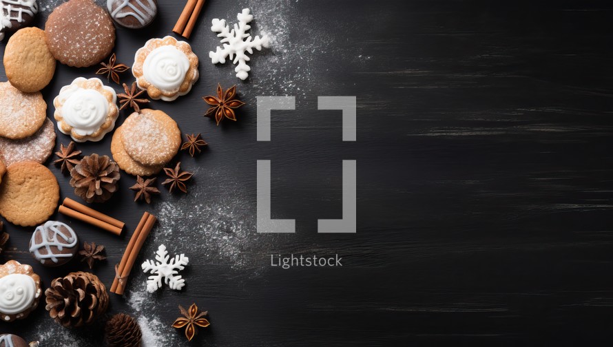 Christmas cookies and spices on a black wooden background. Top view with copy space.
