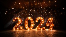 Happy New Year 2024 with light bulbs.