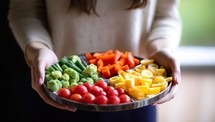 Woman holding plate with fresh vegetables. Healthy eating concept.