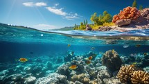 Underwater view of coral reef and tropical fish. Tropical underwater landscape.