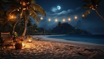 Beach at night with palm trees, chaise lounges and lanterns