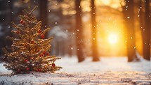 Christmas tree in winter forest at sunset. Christmas and New Year concept.
