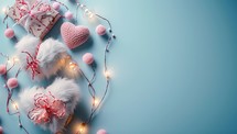 Valentine's day background with gift box, hearts and lights on blue background