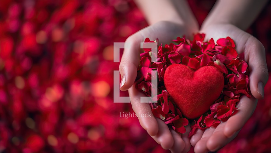Woman hands holding red heart and rose petals on red background.